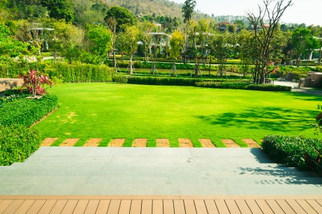 Pathway in garden, Green lawns with bricks pathways, Garden land